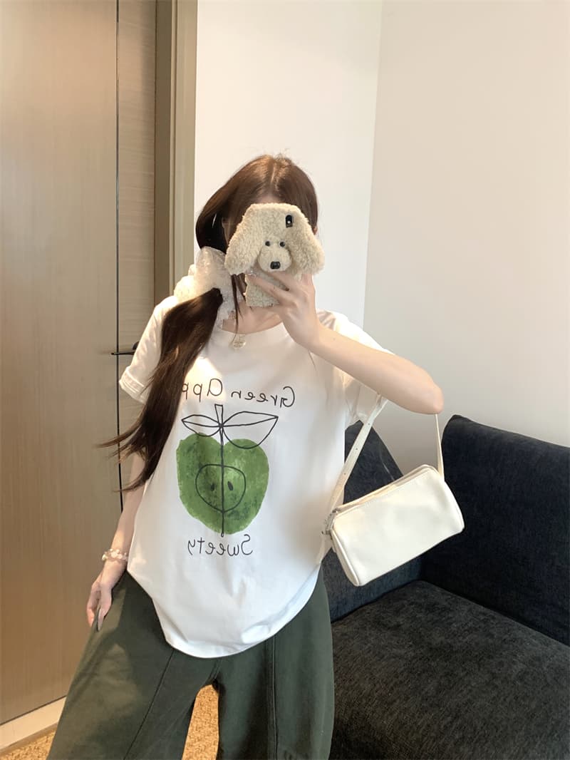 실사 빅 사이즈 여성 의류 여름 지방 mm 긍정적 인 어깨 녹색 애플 프린트 화이트 순면 루즈핏 반팔 티셔츠 맨위 상세 이미지 4