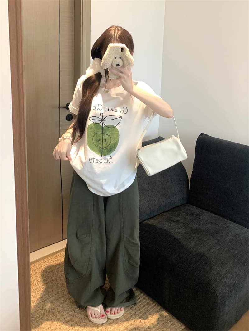 실사 빅 사이즈 여성 의류 여름 지방 mm 긍정적 인 어깨 녹색 애플 프린트 화이트 순면 루즈핏 반팔 티셔츠 맨위 상세 이미지 9