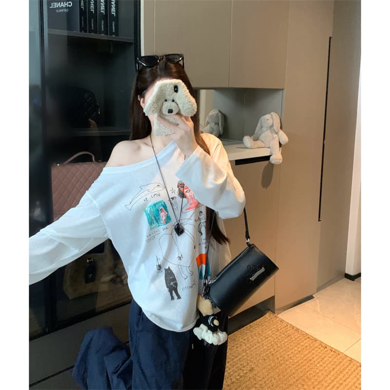 실사 빅 사이즈 여름 지방 mm 재미있는 낙서 만화 프린트 오프숄더 맨위 차가운 센스 자외선 차단 블라우스 긴팔 티셔츠 이미지 3