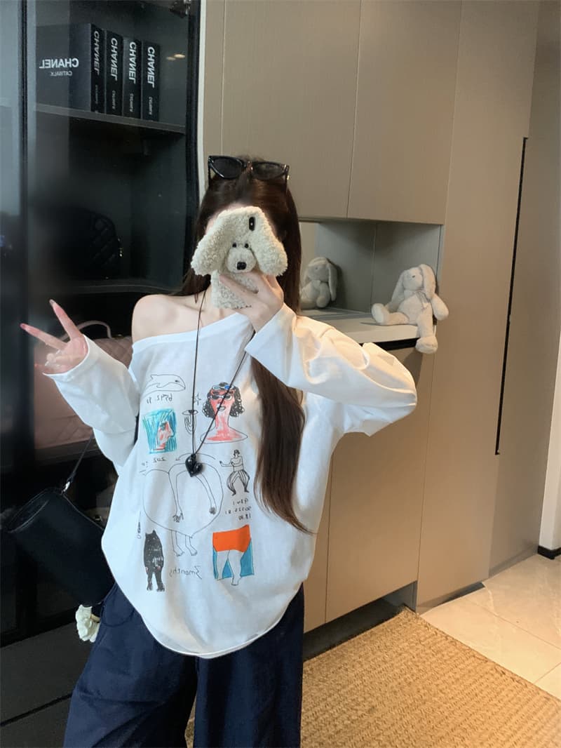실사 빅 사이즈 여름 지방 mm 재미있는 낙서 만화 프린트 오프숄더 맨위 차가운 센스 자외선 차단 블라우스 긴팔 티셔츠 상세 이미지 2