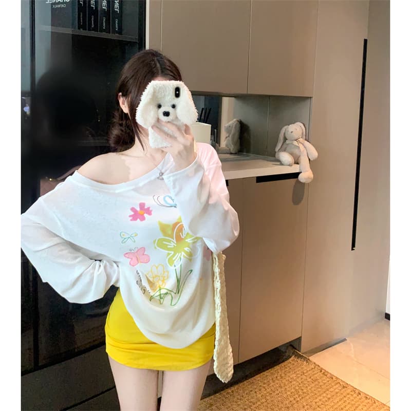 실사 빅 사이즈 여름 지방 mm 꽃 오프숄더 맨위 긴팔 마이크로 ~을 통해 얇은 스타일 자외선 차단 블라우스 티셔츠 여성 의류 비스듬한 어깨