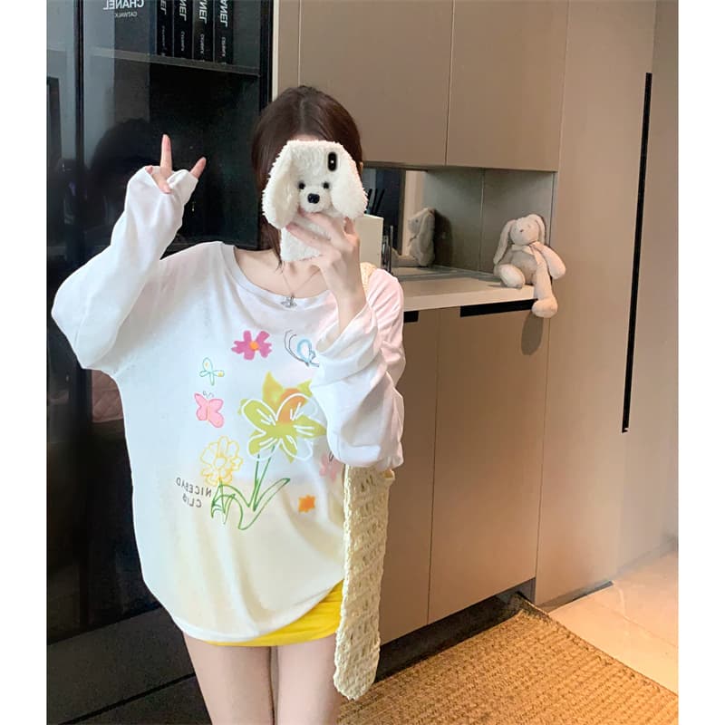 실사 빅 사이즈 여름 지방 mm 꽃 오프숄더 맨위 긴팔 마이크로 ~을 통해 얇은 스타일 자외선 차단 블라우스 티셔츠 여성 의류 비스듬한 어깨 이미지 3