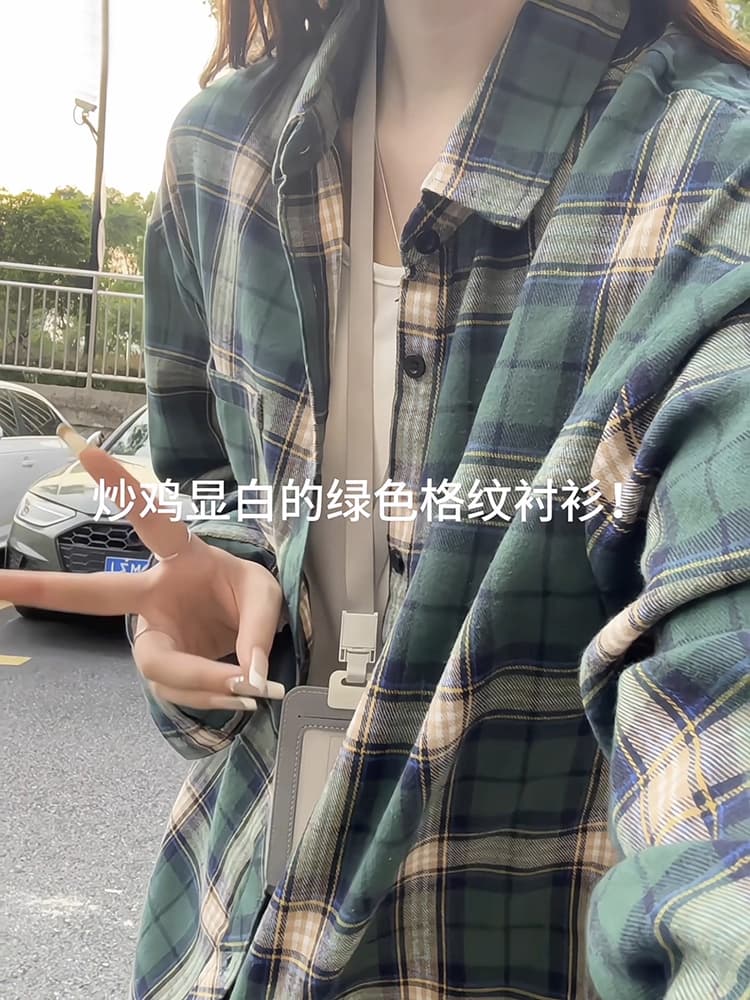 아메리칸 녹색 격자 무늬 셔츠 긴팔 가을 느긋한 바람 안감 이미지 2