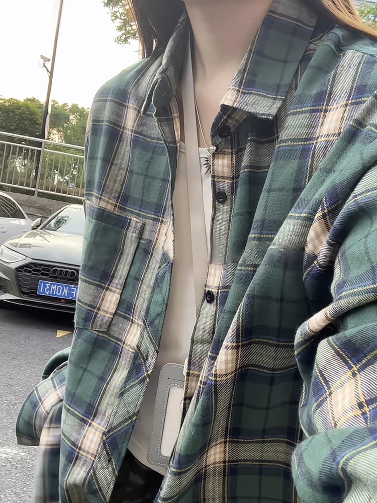아메리칸 녹색 격자 무늬 셔츠 긴팔 가을 느긋한 바람 안감 이미지 3