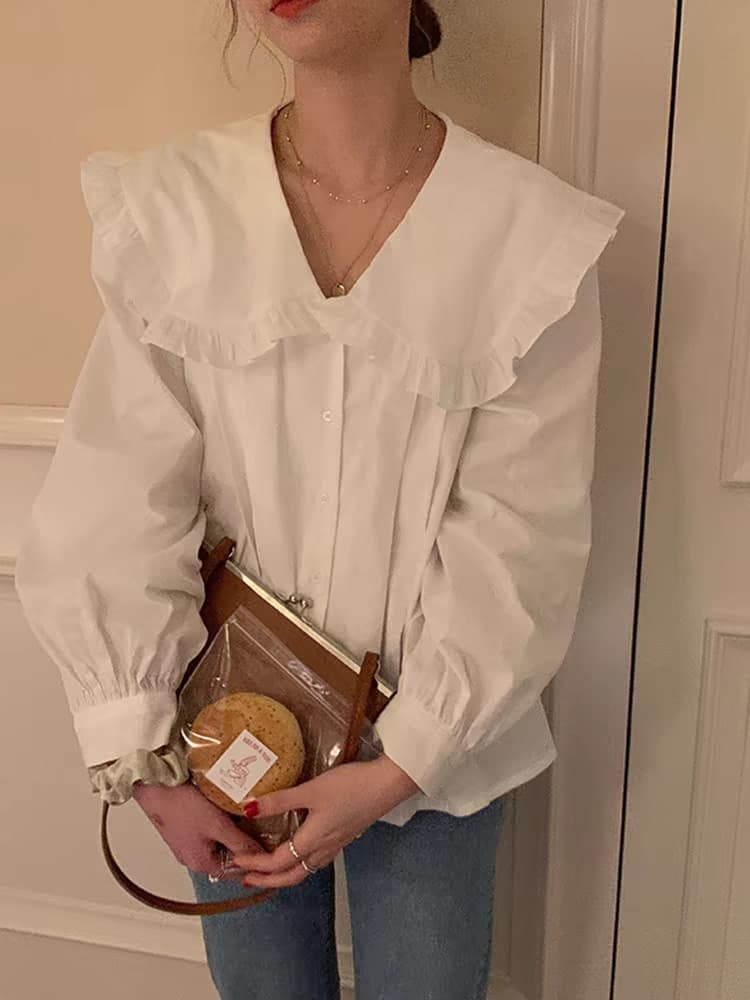 프랑스식 레트로 연령 감소 화이트 여성 셔츠 디자인 센스 작은 대중 베이비 칼라 셔츠 여성 Chic 루즈핏 인사이드 잡아라. 의류 이미지 2