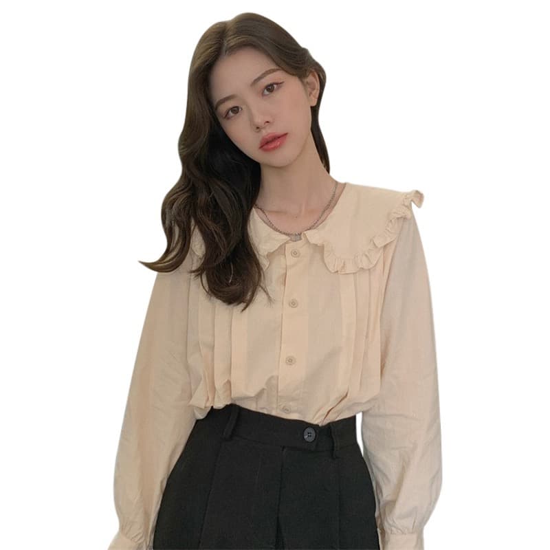 프랑스식 레트로 연령 감소 화이트 여성 셔츠 디자인 센스 작은 대중 베이비 칼라 셔츠 여성 Chic 루즈핏 인사이드 잡아라. 의류 이미지 3