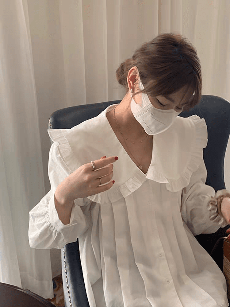 프랑스식 레트로 연령 감소 화이트 여성 셔츠 디자인 센스 작은 대중 베이비 칼라 셔츠 여성 Chic 루즈핏 인사이드 잡아라. 의류 상세 이미지 1