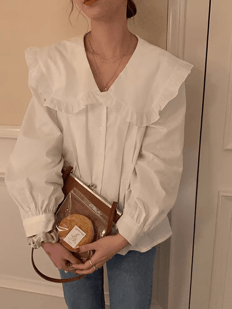 프랑스식 레트로 연령 감소 화이트 여성 셔츠 디자인 센스 작은 대중 베이비 칼라 셔츠 여성 Chic 루즈핏 인사이드 잡아라. 의류 상세 이미지 3