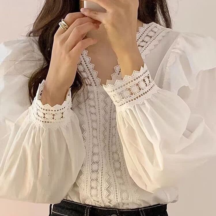 한국 chic 이른 가을 프랑스식 맨위 품격 레이스 레이스 V넥 패치워크 프릴 루즈핏 거품 소매 셔츠 이미지 3
