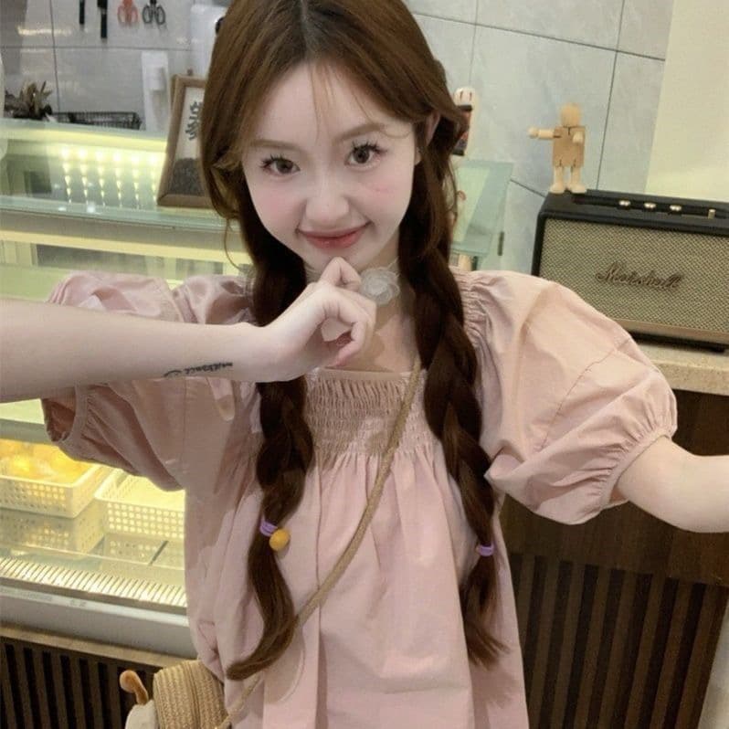 새로운 한국 스타일 미니멀리즘 바람 학생 셔츠 여성용 짧은 소매 여름 밴딩 광장 칼라 단색 작은 키 인형 셔츠 맨위
