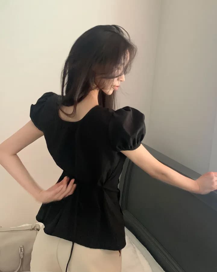 chic 한국 스타일 패션 레이스업 다용도 셔츠 라운드 넥 펌프 로프 허리 수축 품격 셔츠