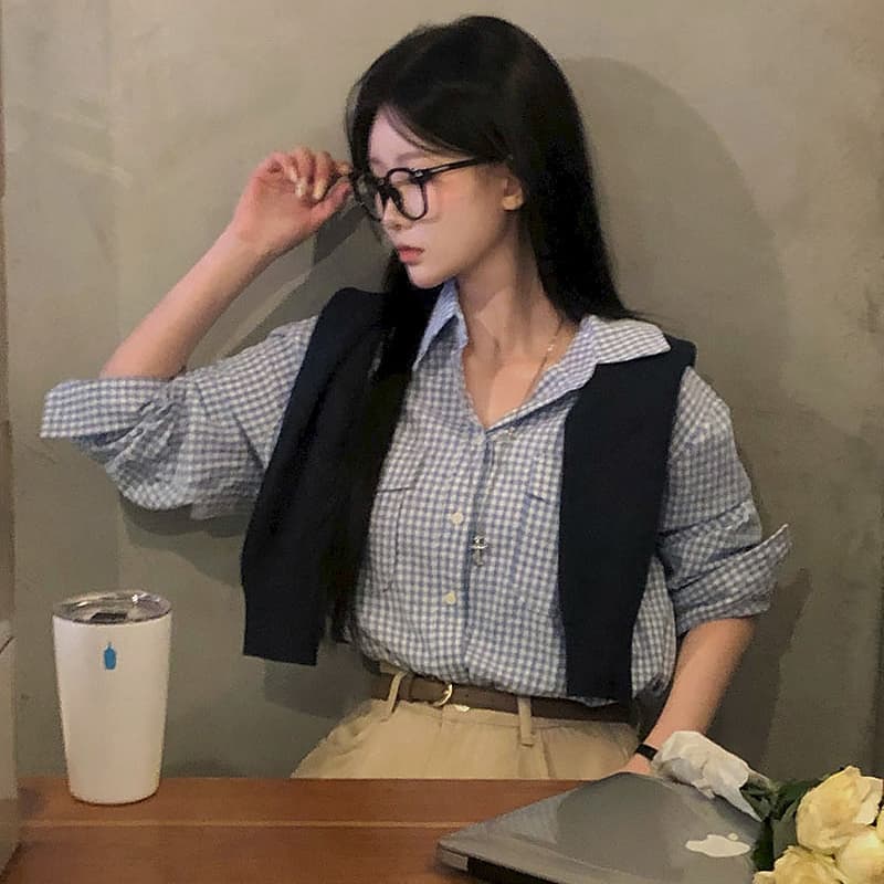 한국 chic 봄 가을 작은 대중 클래식 섹션 폴로 칼라 싱글 줄 버튼 루즈핏 캐주얼 더블 주머니 긴팔 체크무늬 여성 셔츠 이미지 3
