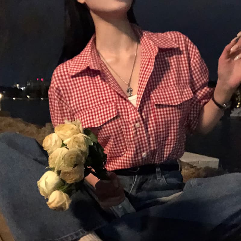 한국 chic 봄 가을 작은 대중 클래식 섹션 폴로 칼라 싱글 줄 버튼 루즈핏 캐주얼 더블 주머니 긴팔 체크무늬 여성 셔츠 이미지 4