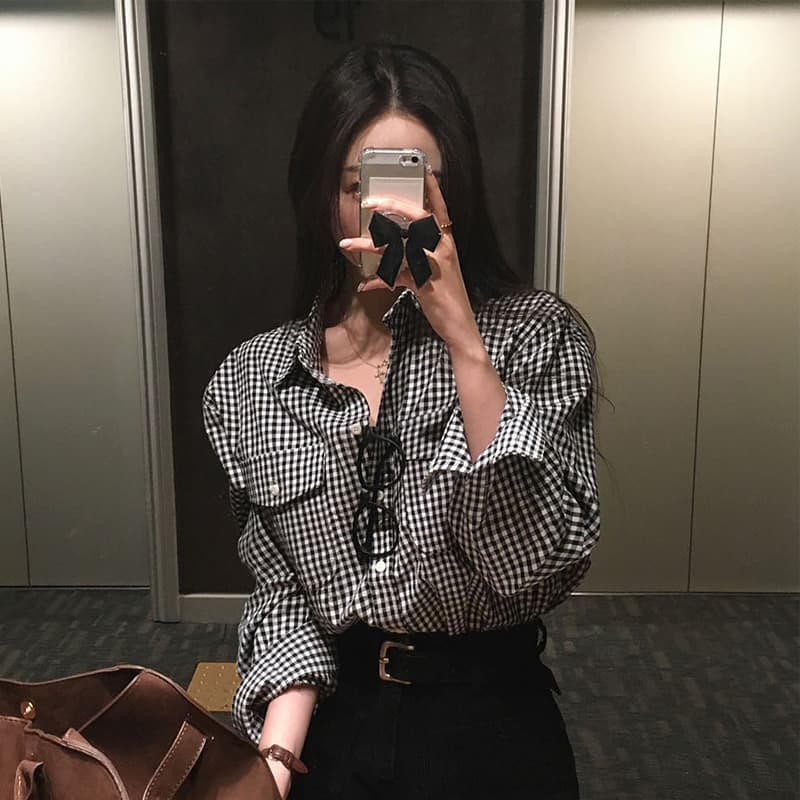 한국 chic 봄 가을 작은 대중 클래식 섹션 폴로 칼라 싱글 줄 버튼 루즈핏 캐주얼 더블 주머니 긴팔 체크무늬 여성 셔츠 이미지 2