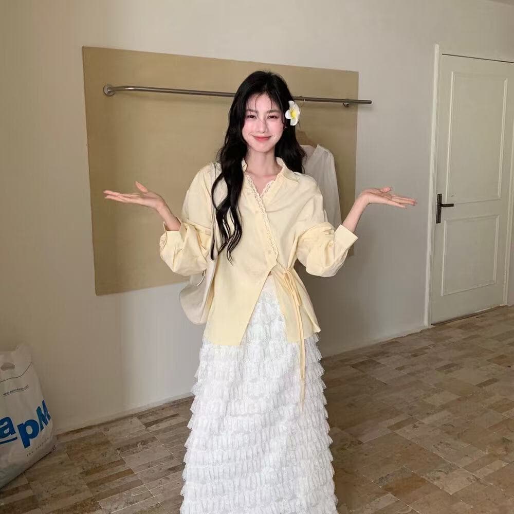 한국 스타일 새로운 V넥 불규칙 비스듬한 레이스업 철자 레이스 작은 대중 작은 셔츠 셔츠 이미지 3