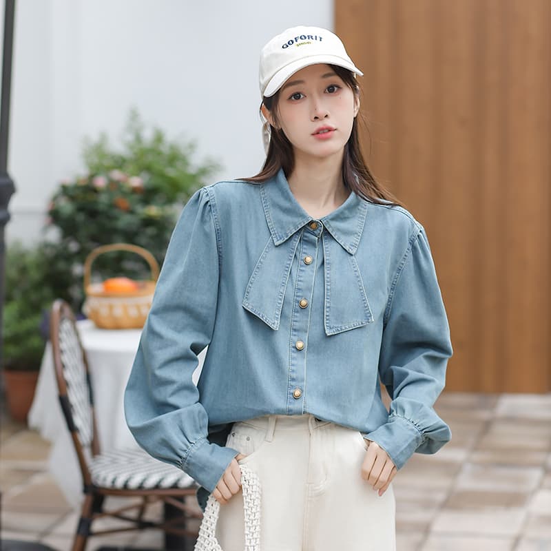 실사 인터넷 유명인 튀김 거리 같은 단락 봄 가을 새로운 한국 스타일 프로 피부 패션 다용도 루즈핏 데님 긴팔 셔츠 상세 이미지 8