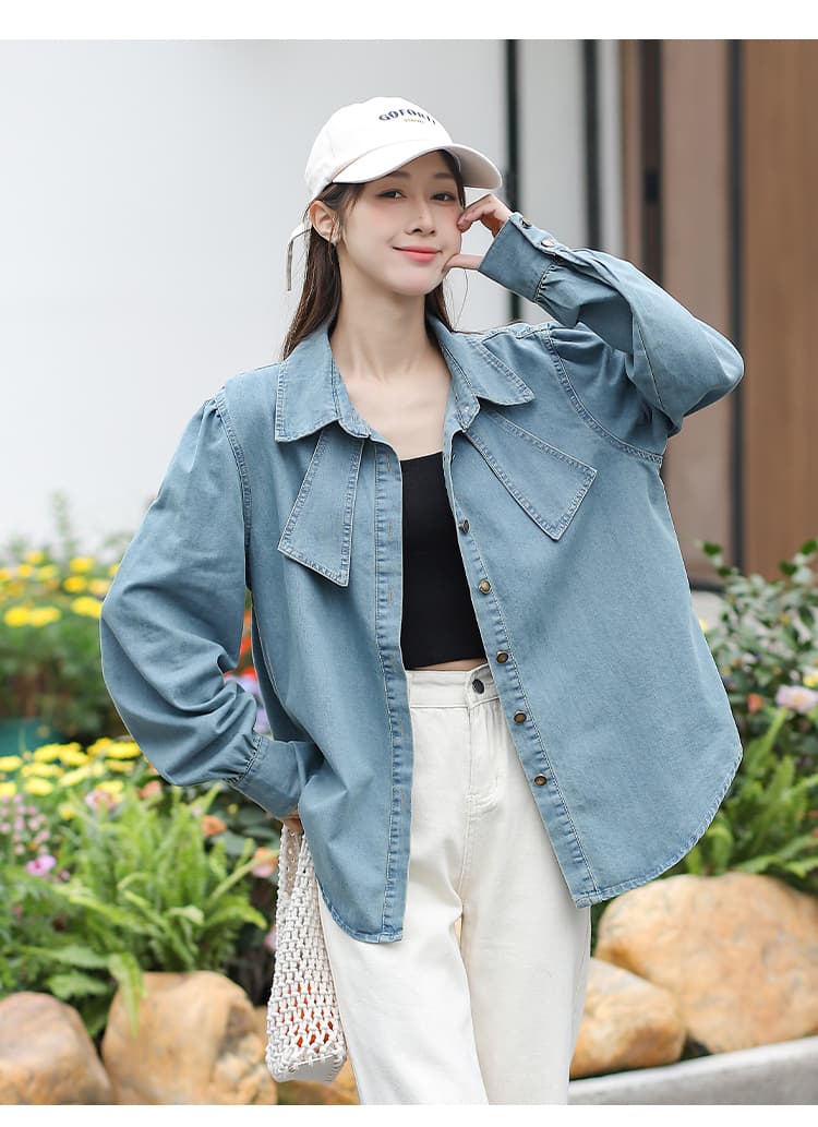 실사 인터넷 유명인 튀김 거리 같은 단락 봄 가을 새로운 한국 스타일 프로 피부 패션 다용도 루즈핏 데님 긴팔 셔츠 상세 이미지 18