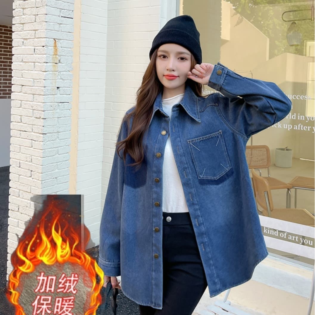 실사 겨울 새로운 털이 있고 두꺼운 레트로 블루 루즈핏 캐주얼 한국 스타일 데님 셔츠 재킷 이미지 2