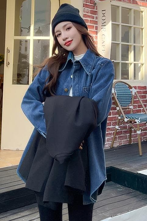 실사 겨울 새로운 털이 있고 두꺼운 레트로 블루 루즈핏 캐주얼 한국 스타일 데님 셔츠 재킷 상세 이미지 7