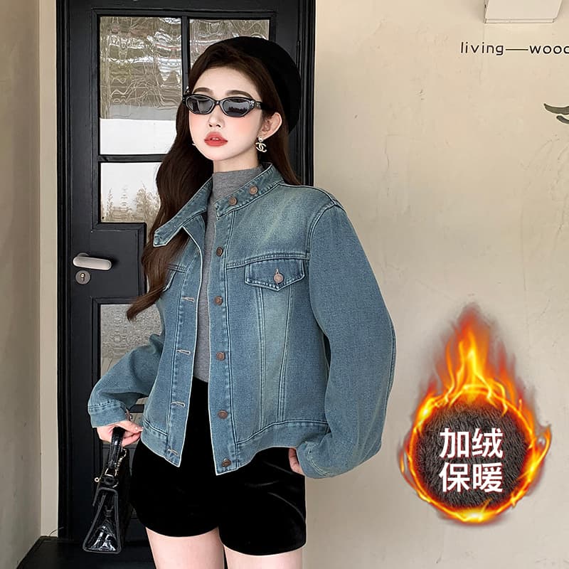 실사 스탠드 칼라 털이 있고 두꺼운 가을 겨울 새로운 한국 스타일 레트로 패션 품격 데님 긴팔 셔츠 여성 코트 이미지 4