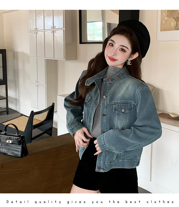 실사 스탠드 칼라 털이 있고 두꺼운 가을 겨울 새로운 한국 스타일 레트로 패션 품격 데님 긴팔 셔츠 여성 코트 상세 이미지 12