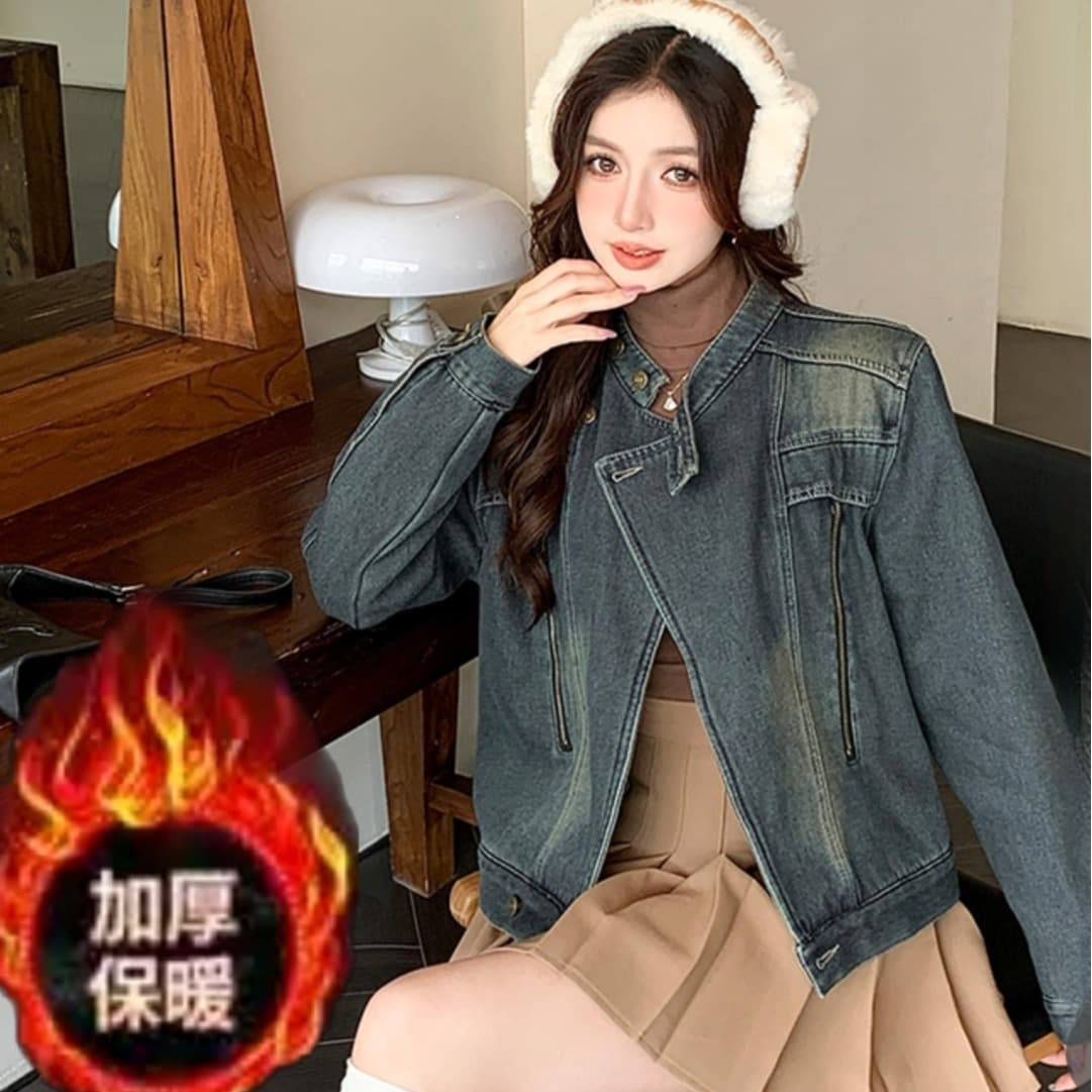 가을 겨울 새로운 스탠드 칼라 한국 스타일 털이 있고 두꺼운 보온 디자인 센스 다용도 스택 착용 데님 재킷 이미지 2