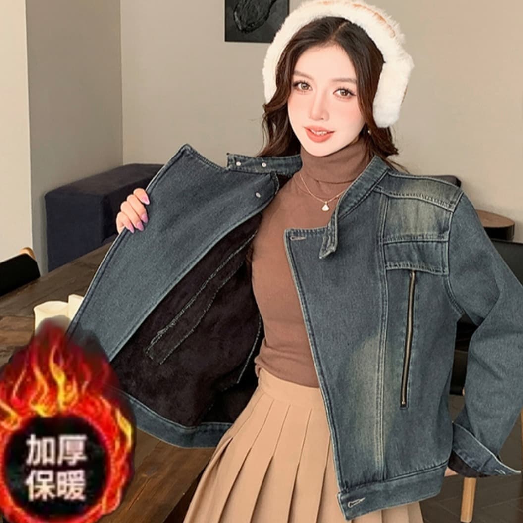 가을 겨울 새로운 스탠드 칼라 한국 스타일 털이 있고 두꺼운 보온 디자인 센스 다용도 스택 착용 데님 재킷 이미지 5