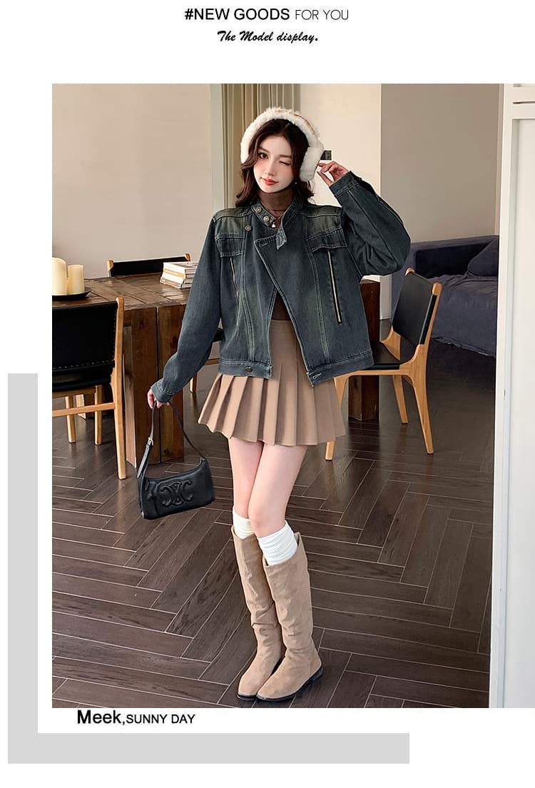 가을 겨울 새로운 스탠드 칼라 한국 스타일 털이 있고 두꺼운 보온 디자인 센스 다용도 스택 착용 데님 재킷 상세 이미지 3