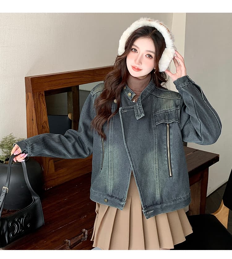 가을 겨울 새로운 스탠드 칼라 한국 스타일 털이 있고 두꺼운 보온 디자인 센스 다용도 스택 착용 데님 재킷 상세 이미지 7