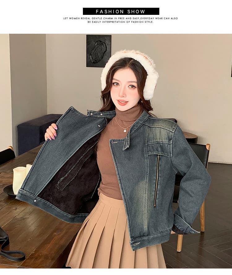 가을 겨울 새로운 스탠드 칼라 한국 스타일 털이 있고 두꺼운 보온 디자인 센스 다용도 스택 착용 데님 재킷 상세 이미지 8