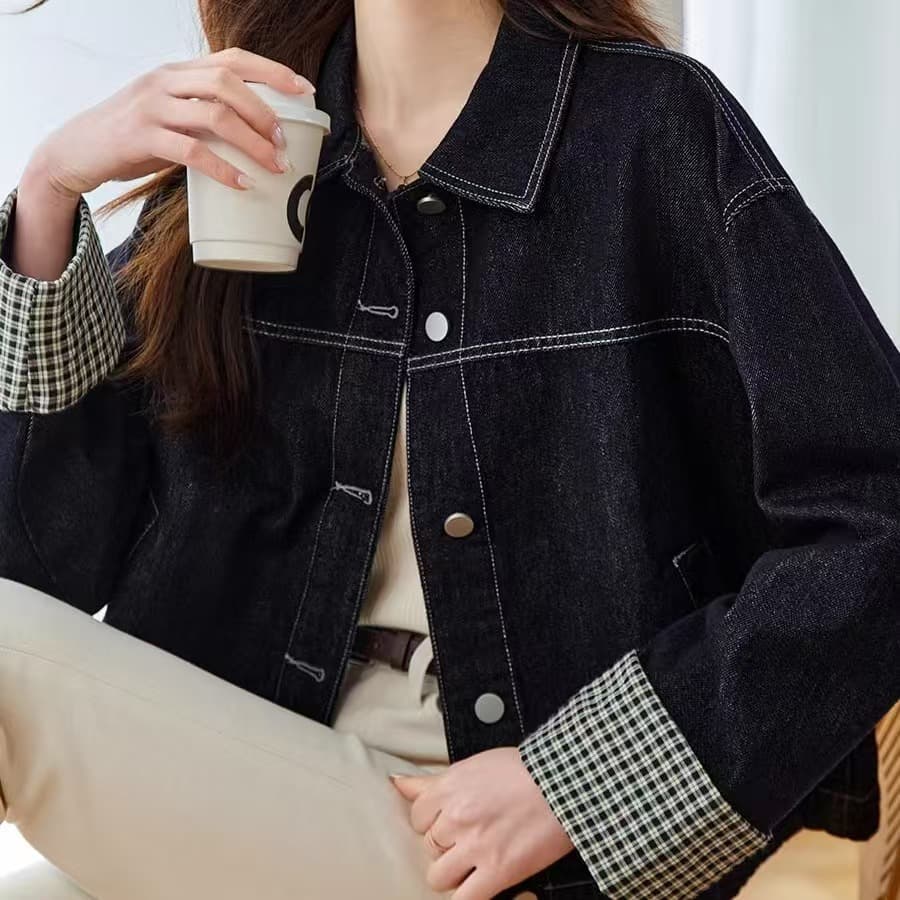 한국 스타일 새로운 패치워크 커프스 루즈핏 슬림해 보이는 Chic 캐주얼 데님 맨위 재킷 상세 이미지 5
