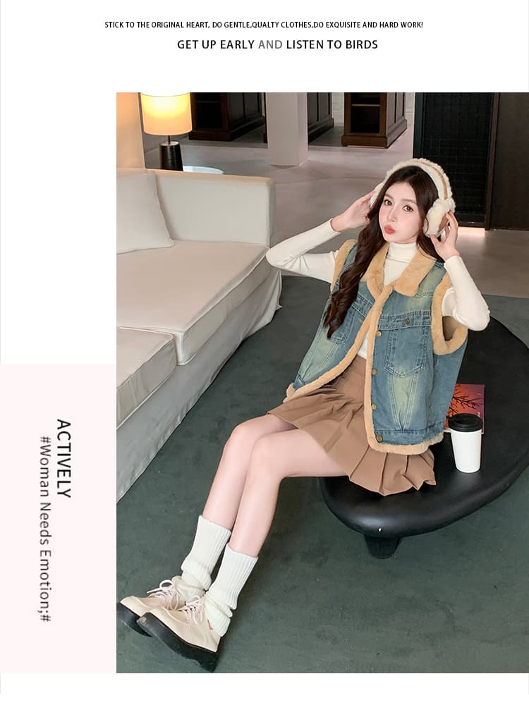두꺼운 보온 방한 한국 스타일 루즈핏 캐주얼 높은 품질 데님 어깨 베스트 상세 이미지 2