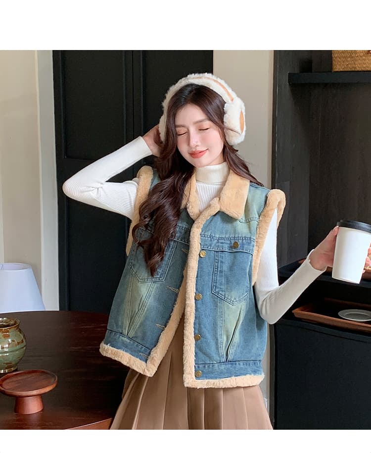 두꺼운 보온 방한 한국 스타일 루즈핏 캐주얼 높은 품질 데님 어깨 베스트 상세 이미지 7
