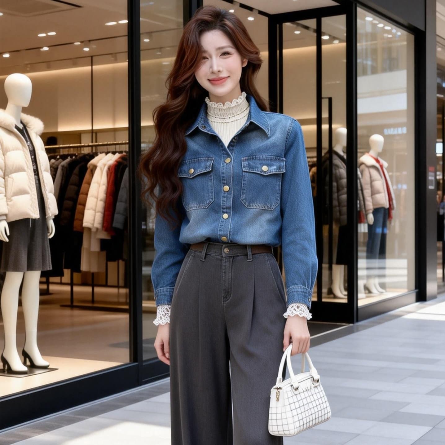 스타 흰색 사슴 같은 단락 클래식 레트로 이른 봄 殴打 아름다움 바람 스택 착용 진한 파란색 데님 셔츠 재킷 이미지 3