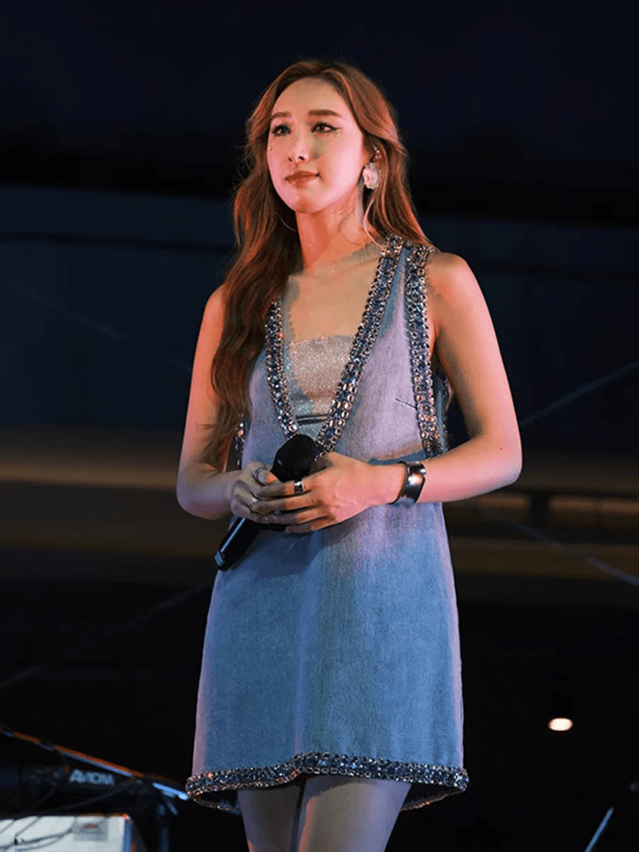 스타 같은 단락 섹시함 殴打 아름다움 바람 깊은 V 넥 패션 무거운 작업 주문 구슬 민소매 슬립 데님 드레스 이미지 4