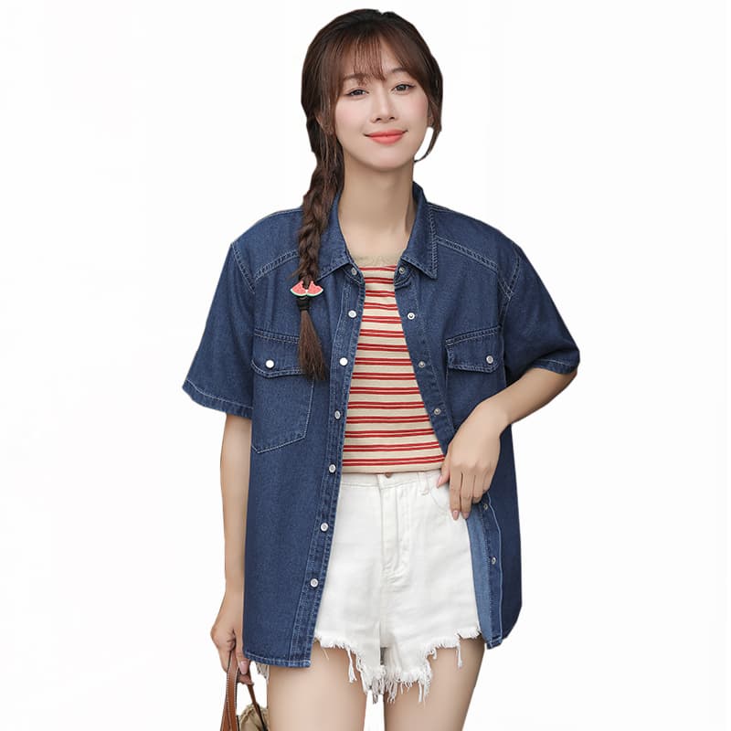 새로운 패션 한국 스타일 슬림해 보이는 다용도 데님 반팔 셔츠 깊은 얕은 둘 색상 이미지 6