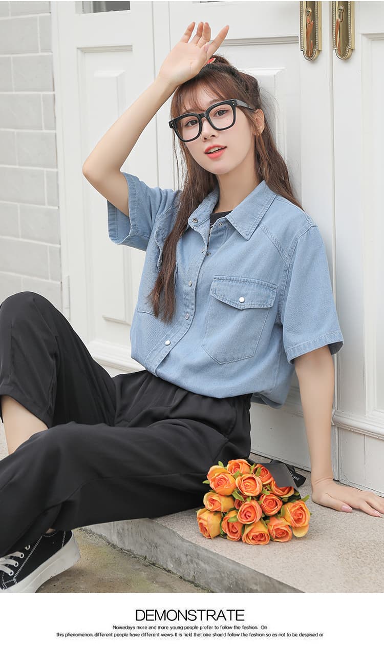 새로운 패션 한국 스타일 슬림해 보이는 다용도 데님 반팔 셔츠 깊은 얕은 둘 색상 상세 이미지 9