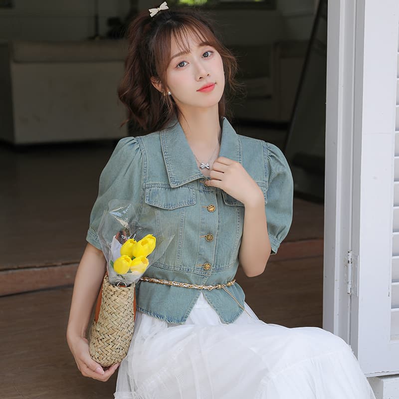 고급 디자인 항구 바람 패션 튀김 거리 레트로 몸매 가꾸기 슬림해 보이는 거품 소매 데님 반팔 맨위 이미지 2