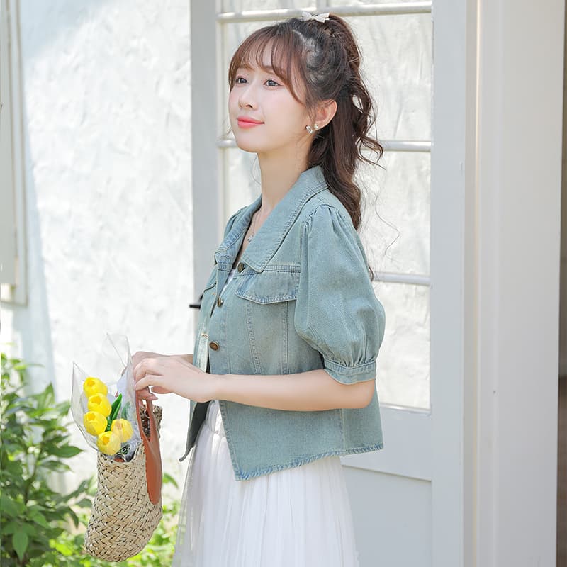 고급 디자인 항구 바람 패션 튀김 거리 레트로 몸매 가꾸기 슬림해 보이는 거품 소매 데님 반팔 맨위 이미지 4
