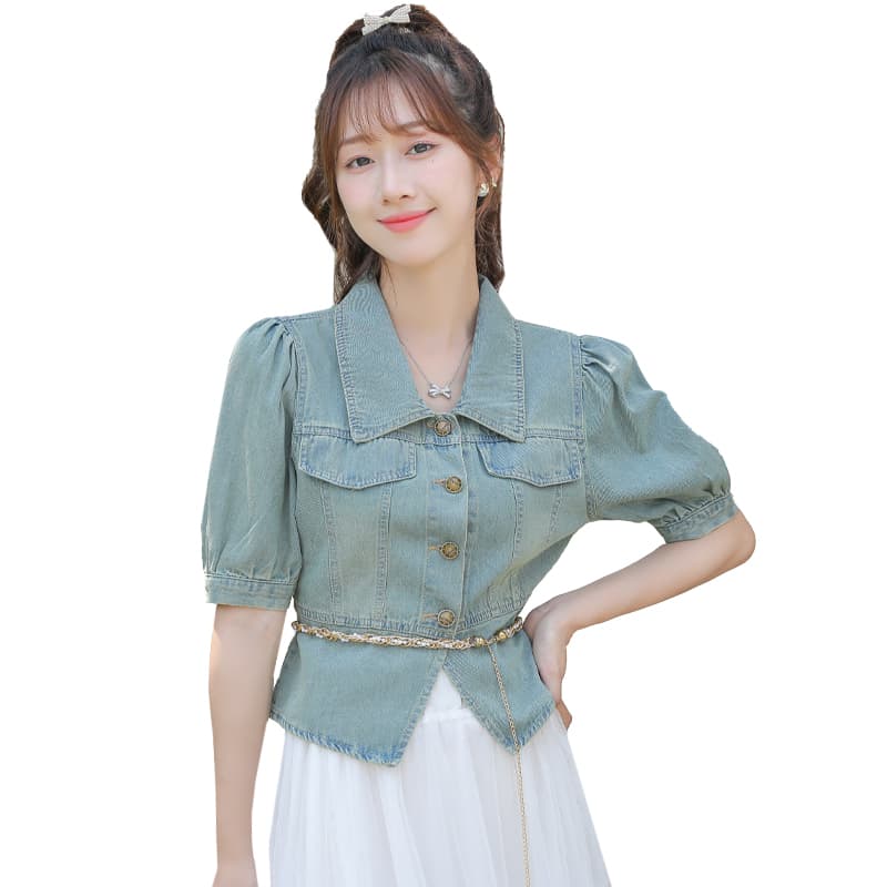고급 디자인 항구 바람 패션 튀김 거리 레트로 몸매 가꾸기 슬림해 보이는 거품 소매 데님 반팔 맨위 이미지 6