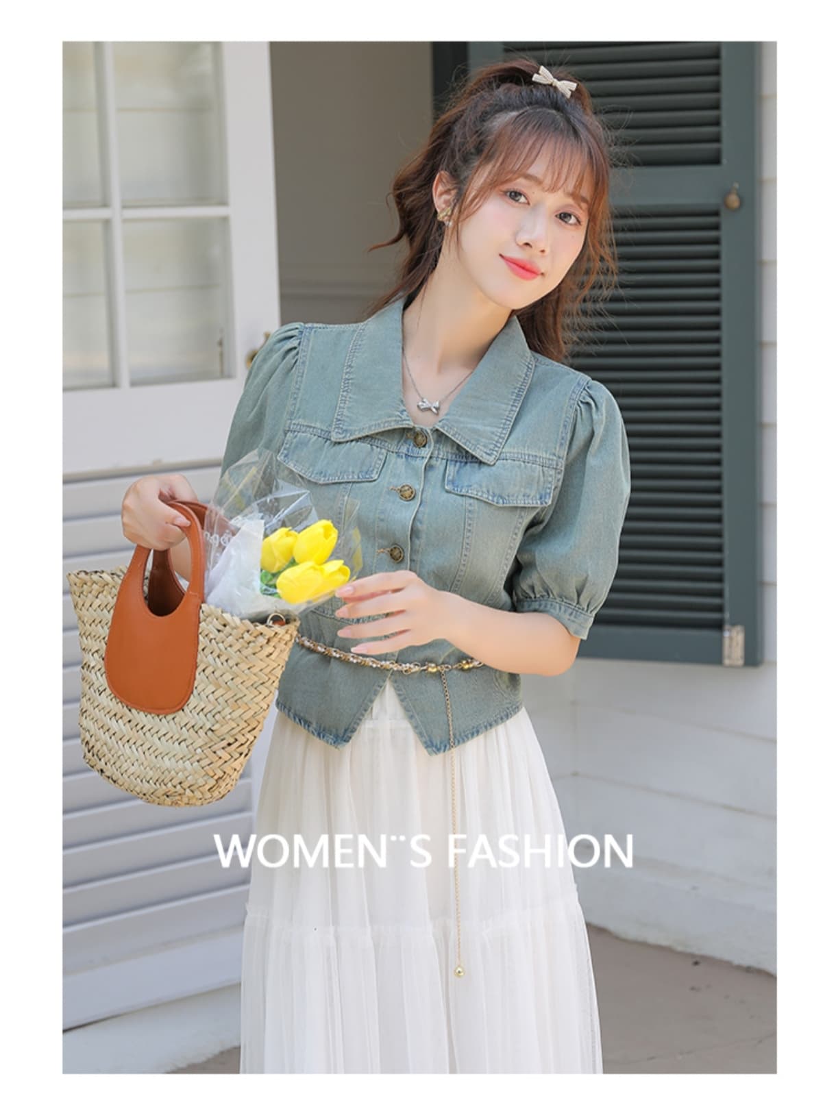 고급 디자인 항구 바람 패션 튀김 거리 레트로 몸매 가꾸기 슬림해 보이는 거품 소매 데님 반팔 맨위 상세 이미지 5