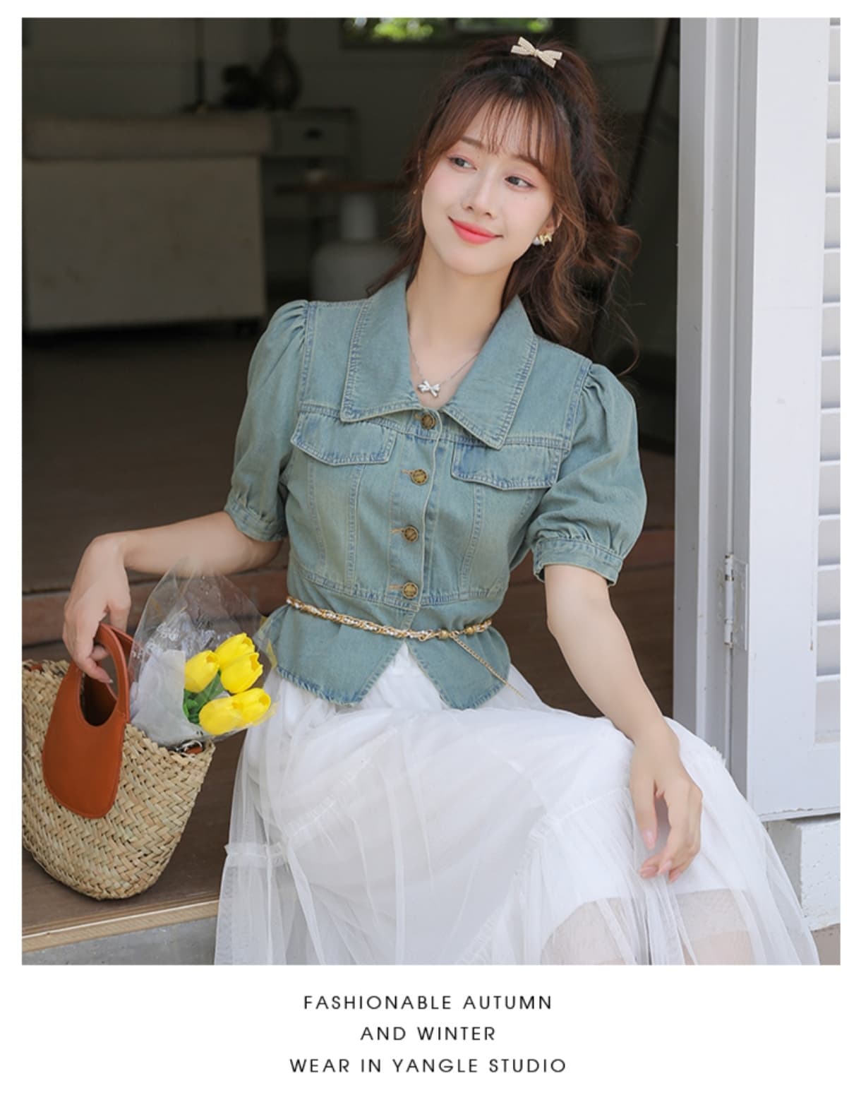 고급 디자인 항구 바람 패션 튀김 거리 레트로 몸매 가꾸기 슬림해 보이는 거품 소매 데님 반팔 맨위 상세 이미지 6