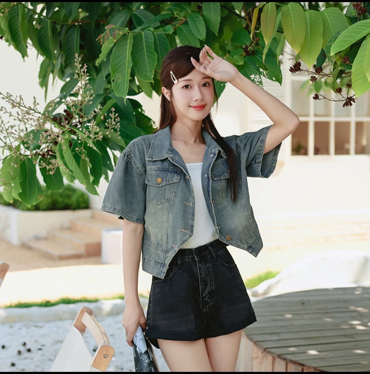 트렌드 새로운 비스듬한 밑단 루즈핏 캐주얼 프로 피부 통기성 레트로 데님 반팔 맨위 상세 이미지 3