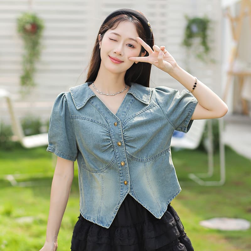 한 트렌디 패션 캐주얼 레트로 거품 소매 고급 디자인 센스 작은 대중 데님 반팔 맨위 이미지 2