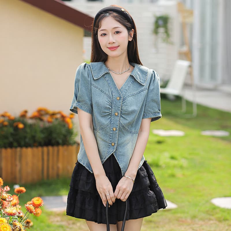 한 트렌디 패션 캐주얼 레트로 거품 소매 고급 디자인 센스 작은 대중 데님 반팔 맨위 이미지 3
