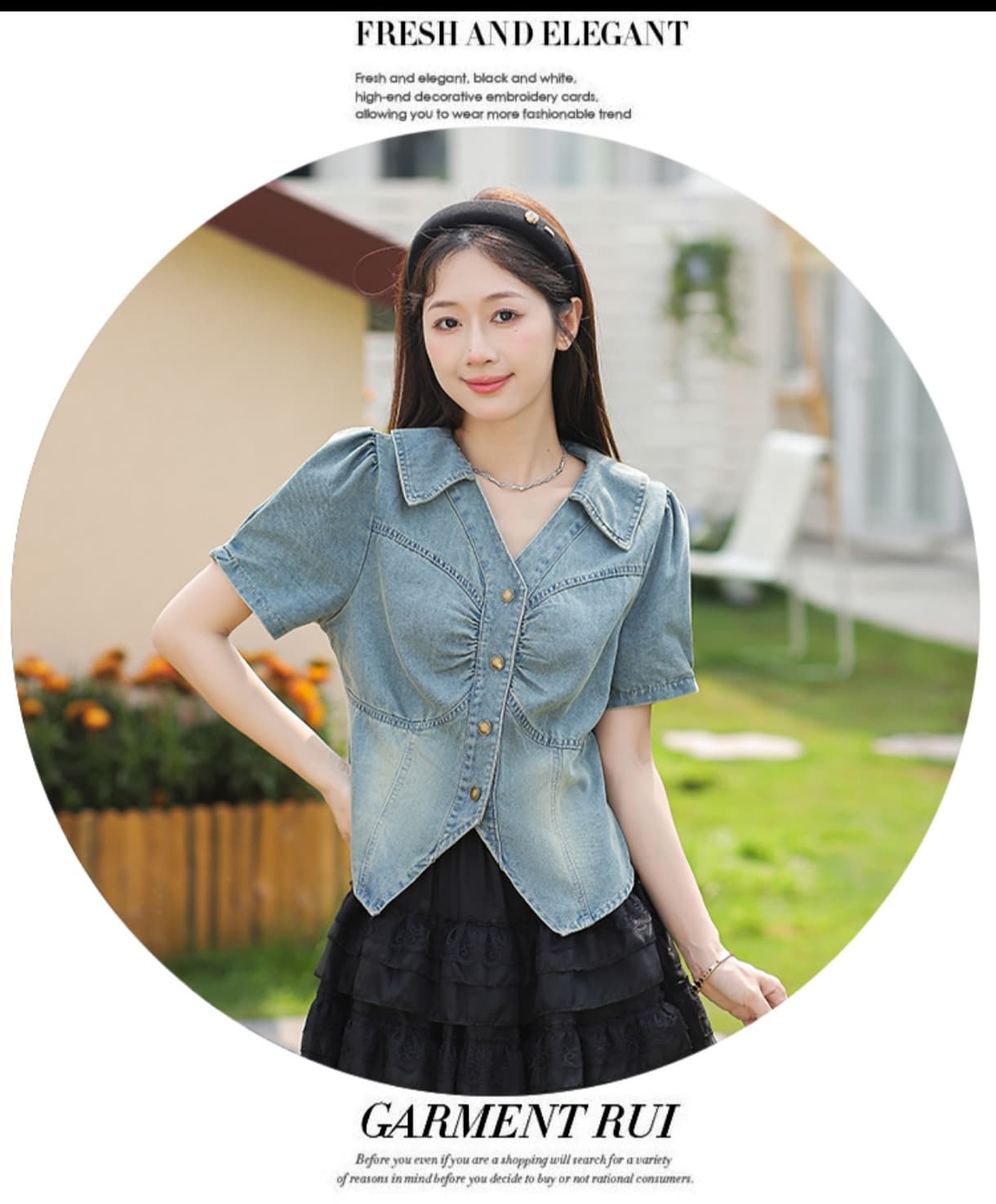 한 트렌디 패션 캐주얼 레트로 거품 소매 고급 디자인 센스 작은 대중 데님 반팔 맨위 상세 이미지 8