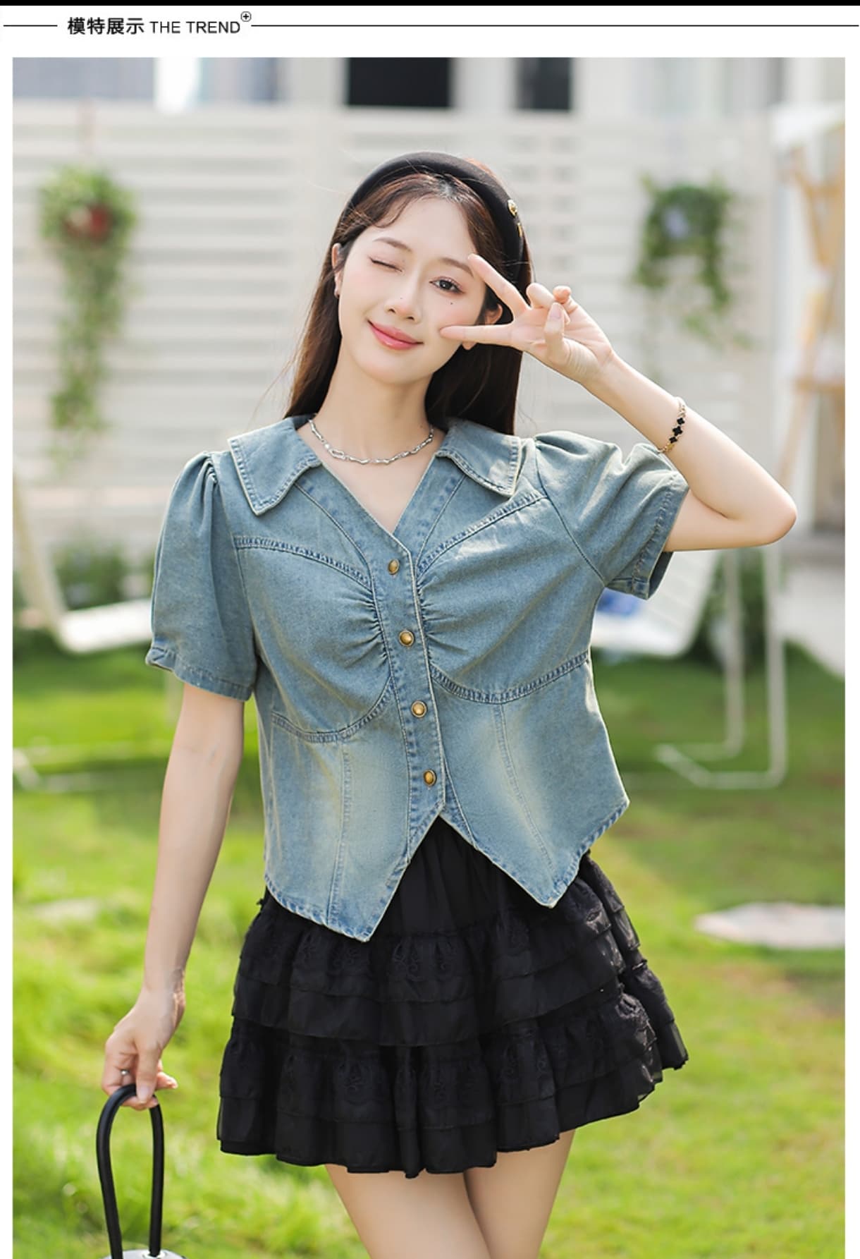 한 트렌디 패션 캐주얼 레트로 거품 소매 고급 디자인 센스 작은 대중 데님 반팔 맨위 상세 이미지 12