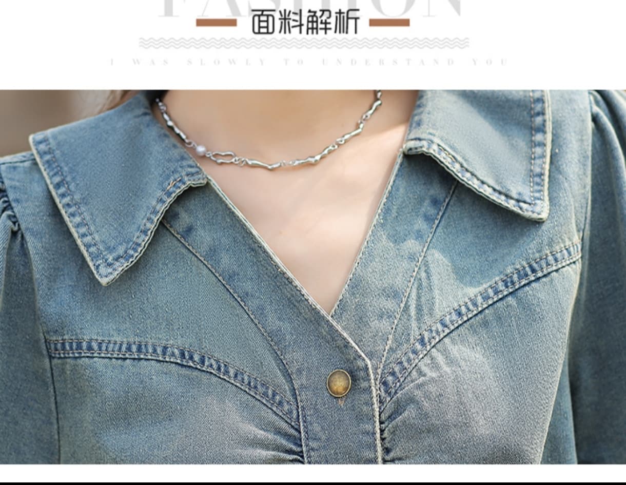 한 트렌디 패션 캐주얼 레트로 거품 소매 고급 디자인 센스 작은 대중 데님 반팔 맨위 상세 이미지 17