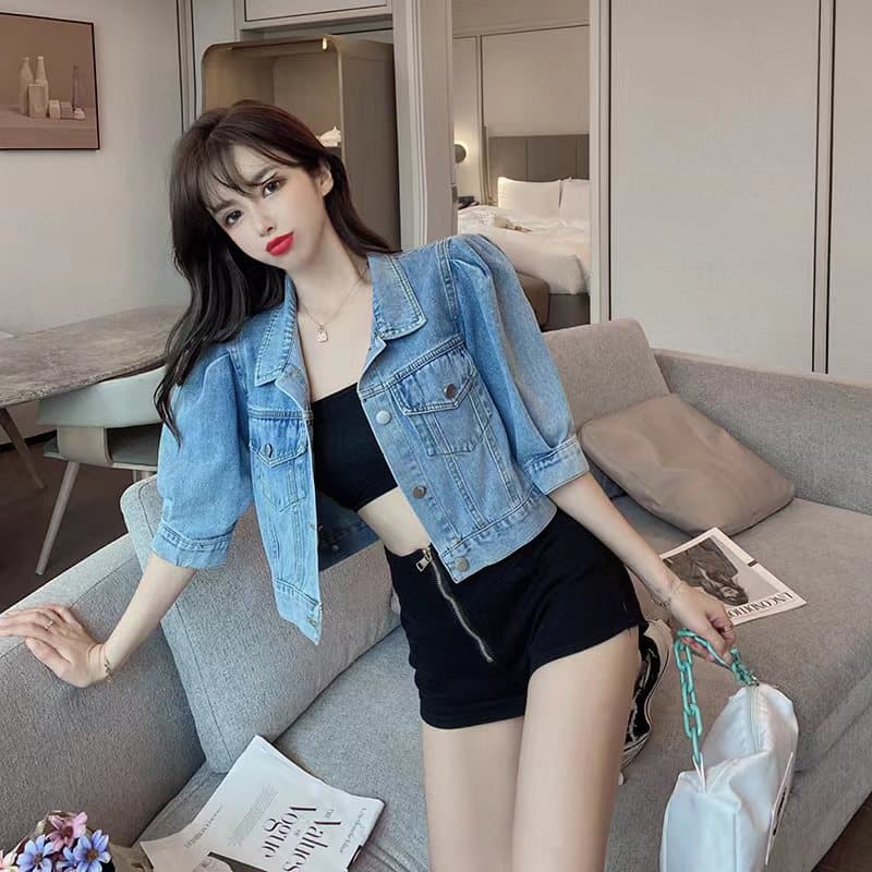 한국 chic 작은 키 품격 부드러운 프로필 모양 루즈핏 데님 반팔 작은 외투 이미지 3