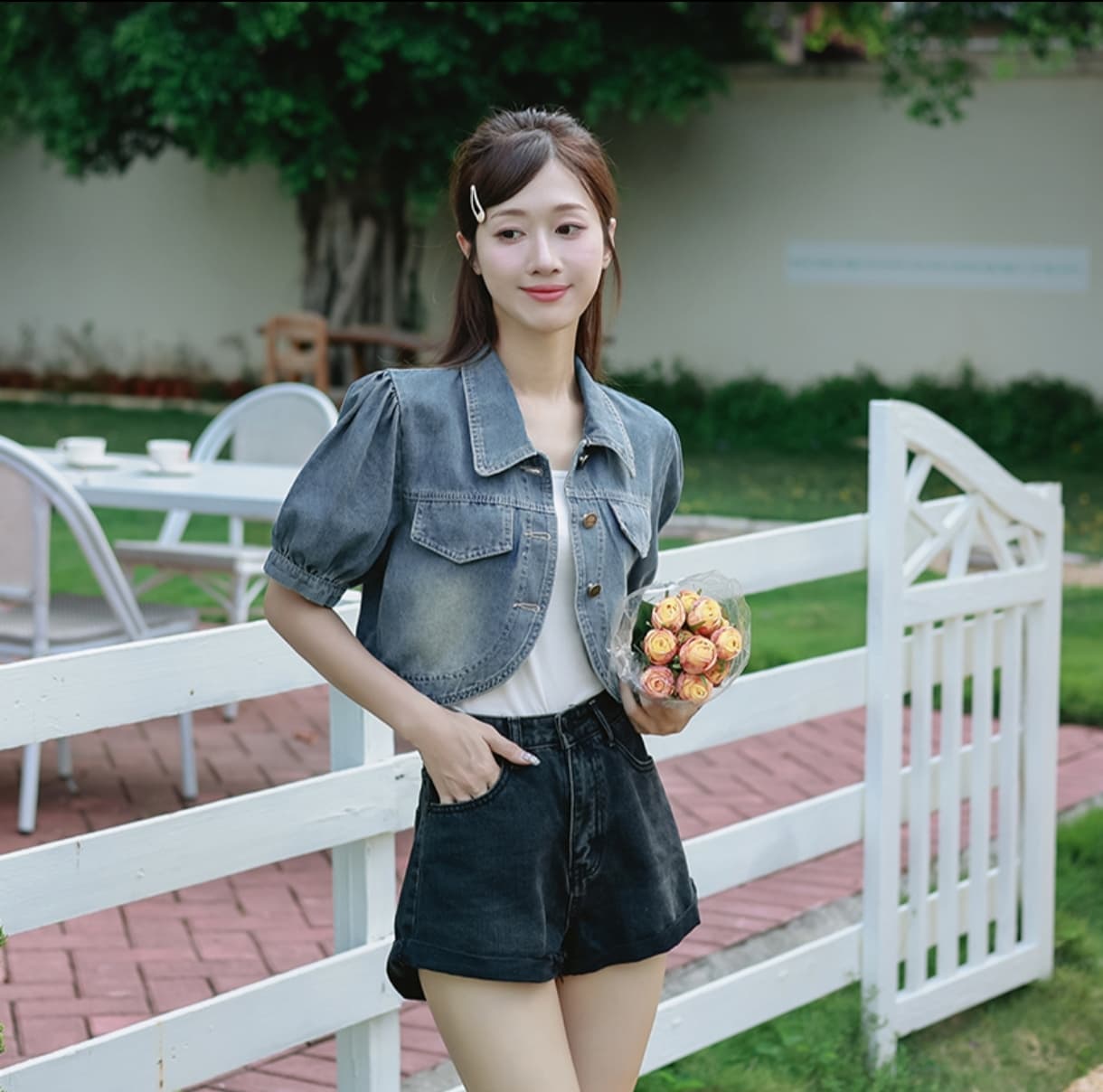 새로운 트렌드 패션 캐주얼 레트로 부드럽다 프로 피부 거품 소매 쇼트 스타일 데님 반팔 맨위 상세 이미지 1